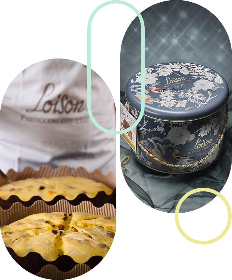 Collage of baked pastries on the left with a Loison pastry bag, and a blue floral Loison tin on the right; a pale green ring overlays the center.