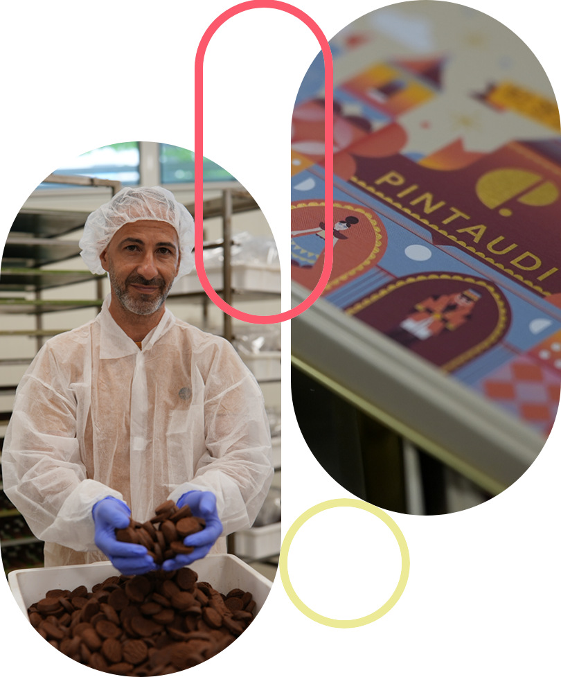 Factory worker in protective gear sorting chocolate almonds in a production facility.