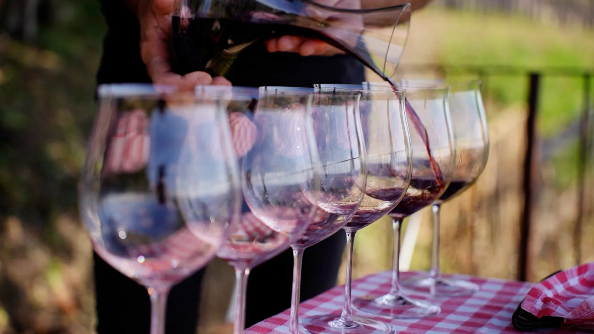 Man pours red wine into a row of glasses on a pink checkered tablecloth outdoors.