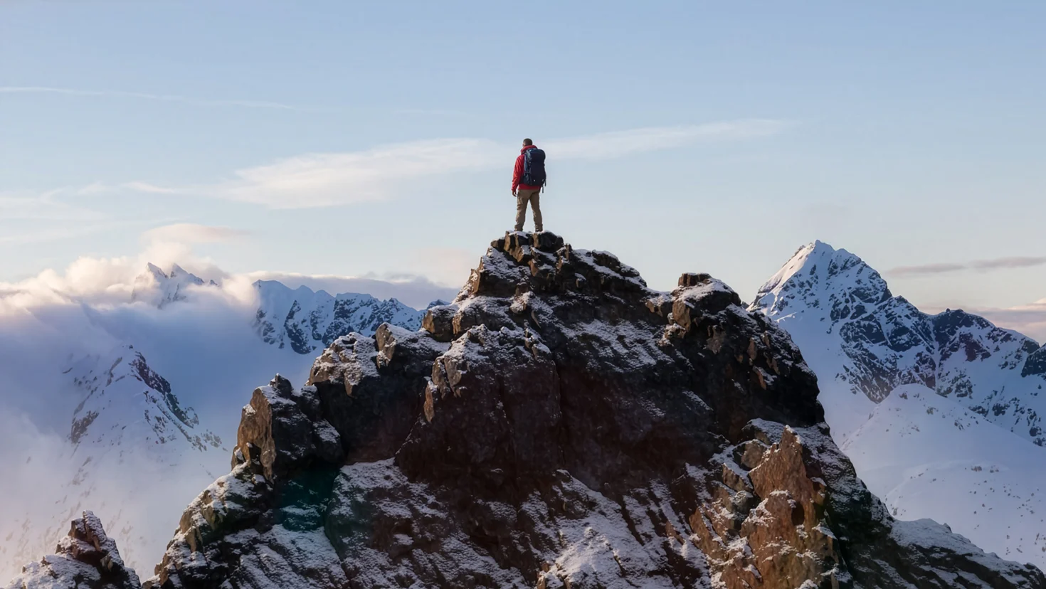Hiker standing on a snowy rocky peak with a backpack, overlooking a range of snow-covered mountains.